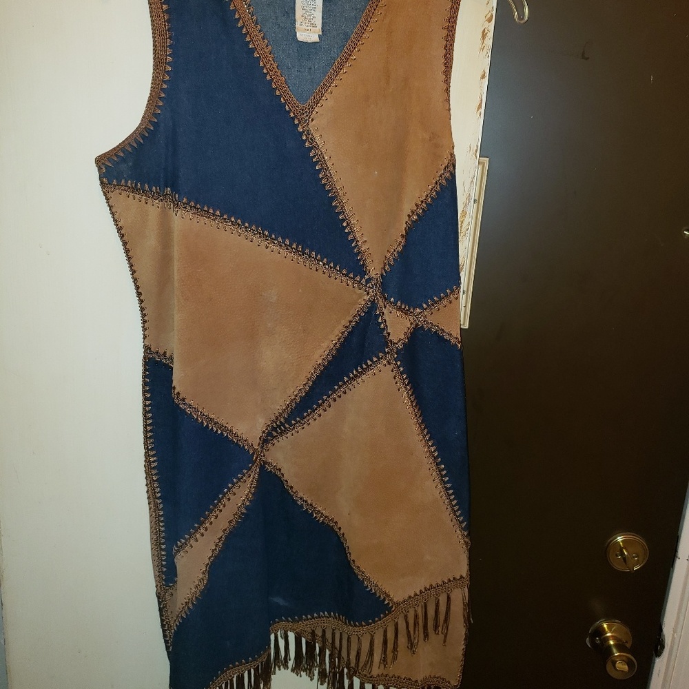 Denim and suede dress with fringe
